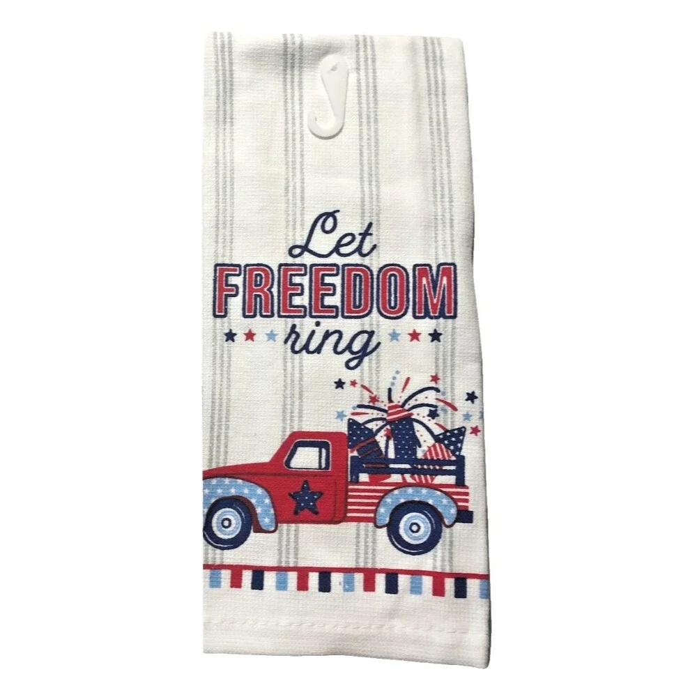 July 4th Kitchen Dish Towels Set of 2 Let Freedom Ring Red Farm Truck Fireworks